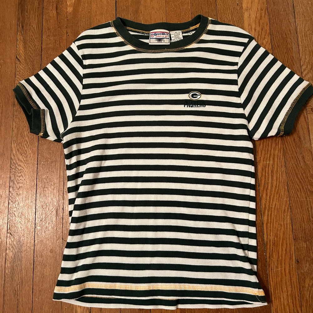 Vintage Green and White Striped Green Bay Packers Baby Tee Women’s Medium